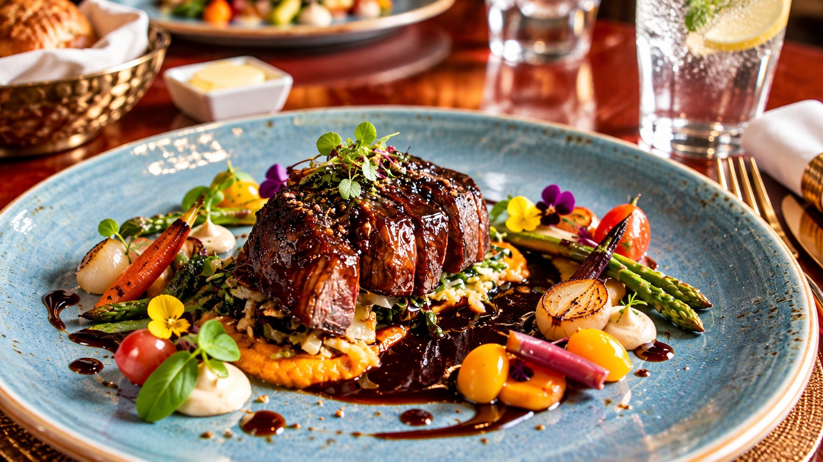A plated steak with glazed carrots, asparagus and edible flowers on a blue plate