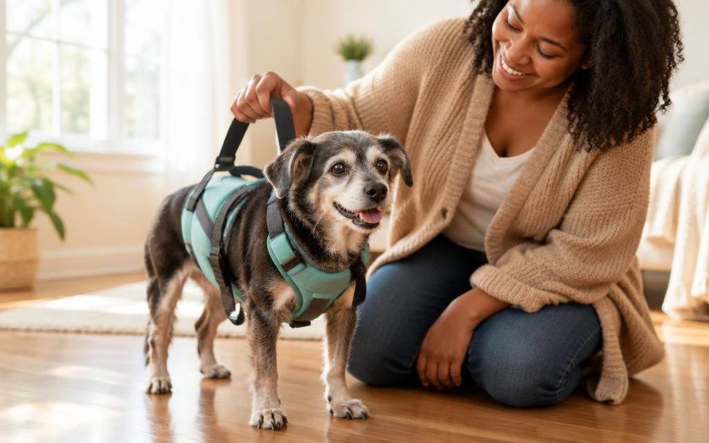 A woman kneeling on a wood floor beside a senior dog wearing a supportive mobility harness