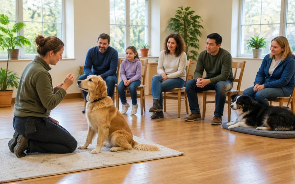A trainer teaching a seated dog in a bright community room while a small group of people watch