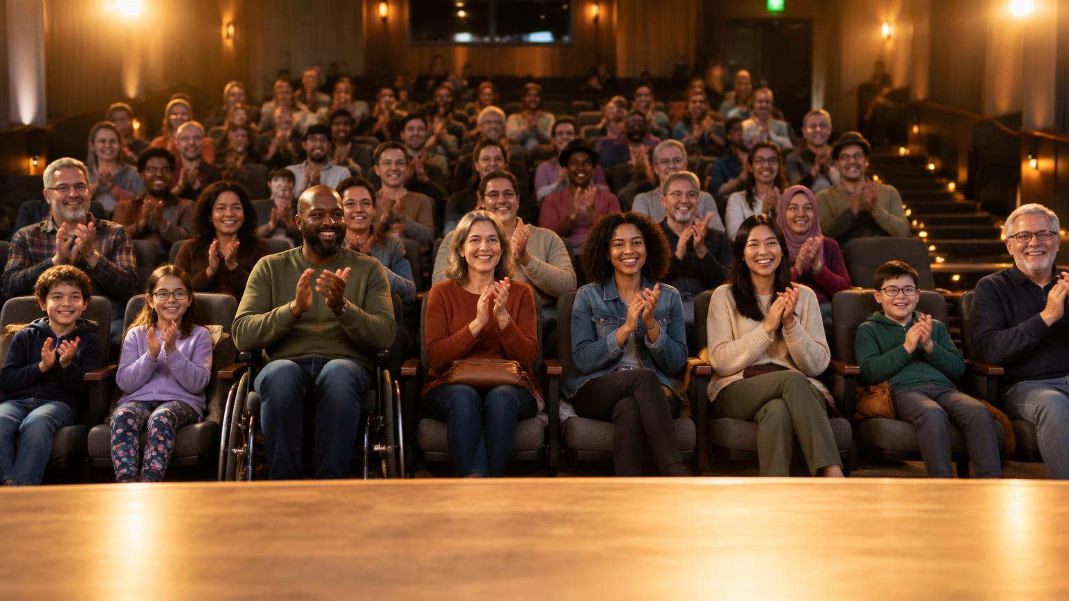 A warm theater audience of every ability clapping during a talent showcase